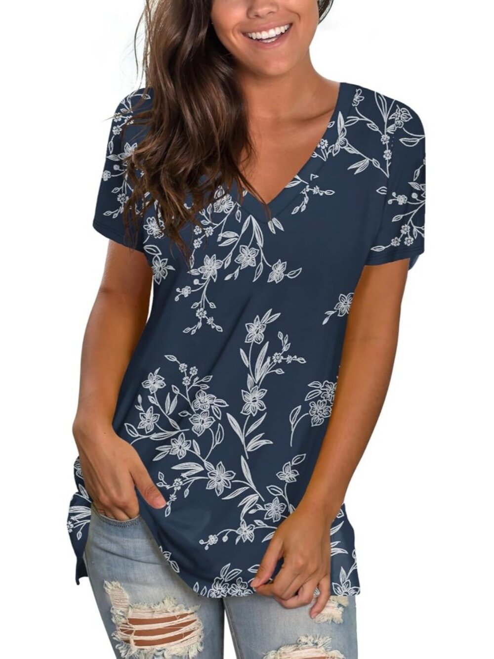 〽️Women Floral 1 V Neck Tee Loose Fitting Casual Short Sleeve Tops T Shirt